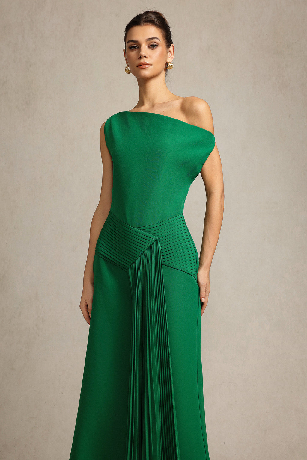 Paulina Oblique Shoulder Sleeveless Folds Green Midi Dress	