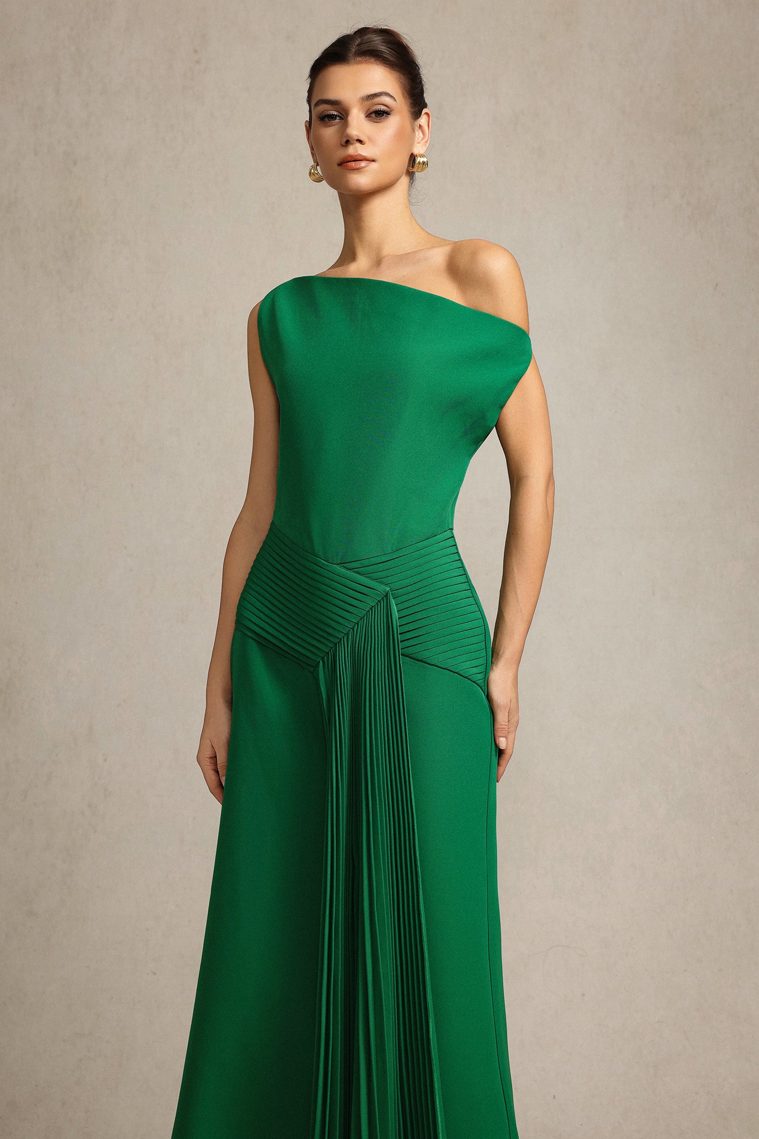 Paulina Oblique Shoulder Sleeveless Folds Green Midi Dress	