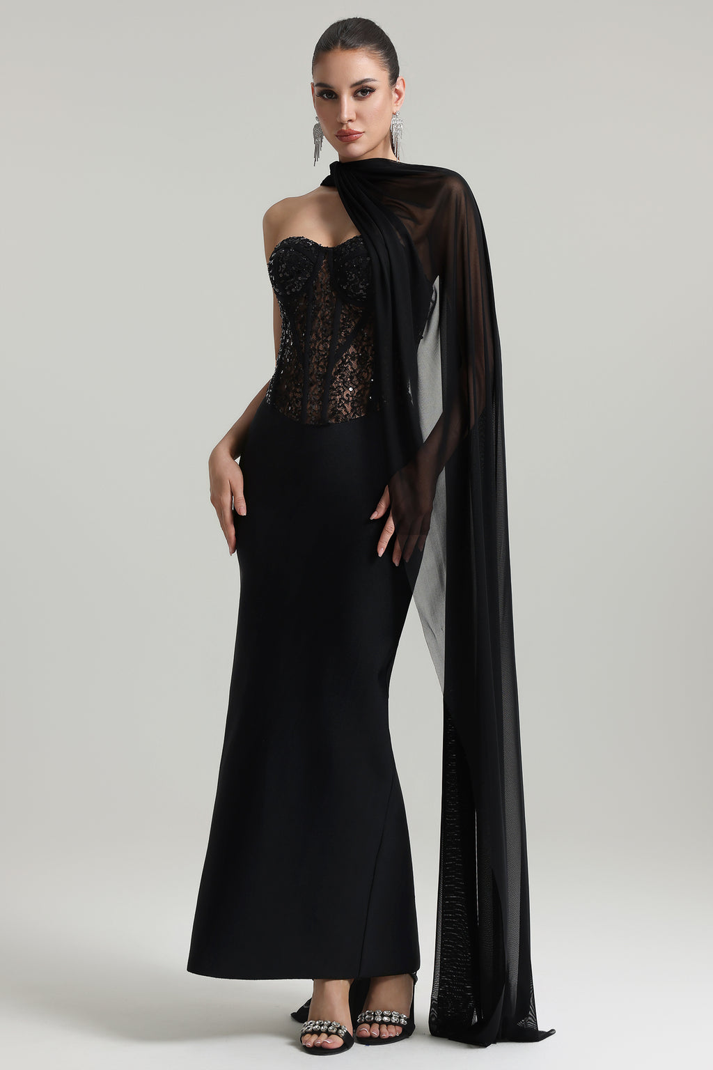 Dodou Strapless Cape Sequin Bandage Maxi Dress	