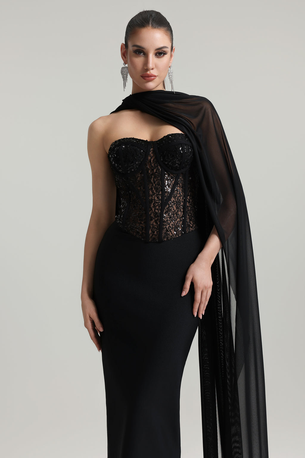 Dodou Strapless Cape Sequin Bandage Maxi Dress	