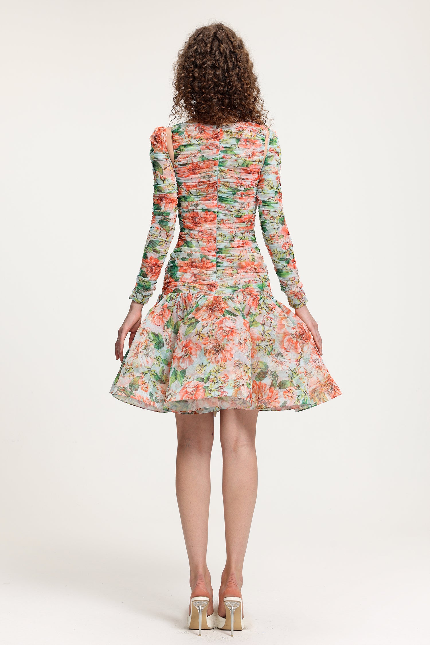 Ruffled Floral Gauze Long Sleeve, Hose Hair Structure All-Match Skirt	
