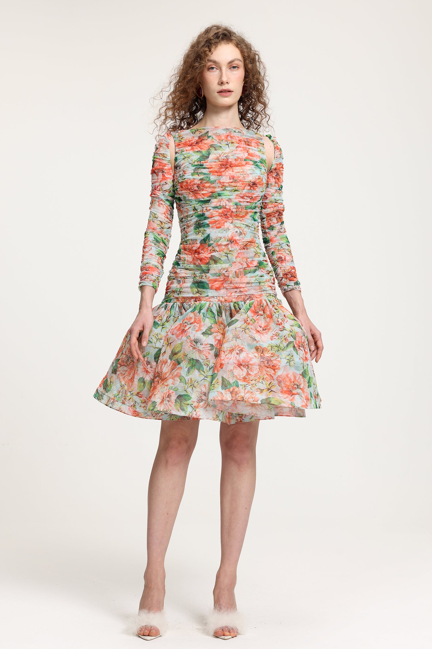 Ruffled Floral Gauze Long Sleeve, Hose Hair Structure All-Match Skirt	