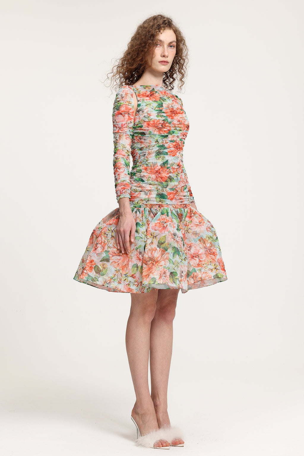 Ruffled Floral Gauze Long Sleeve, Hose Hair Structure All-Match Skirt	