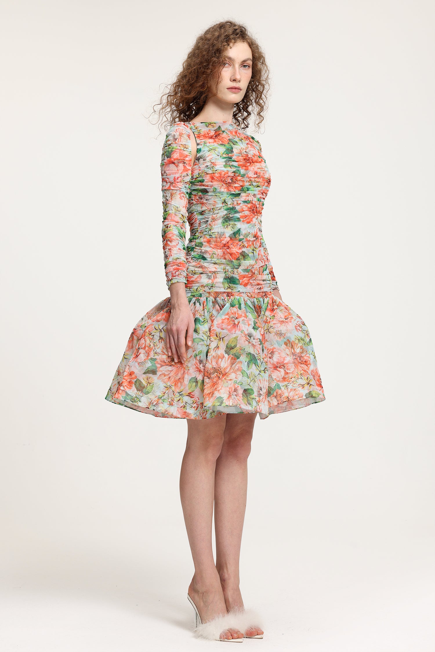 Ruffled Floral Gauze Long Sleeve, Hose Hair Structure All-Match Skirt	