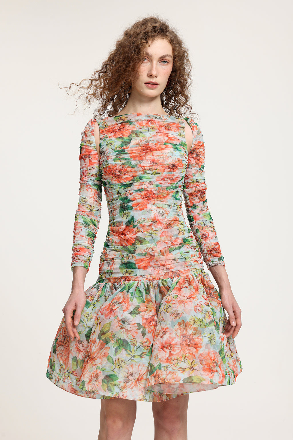 Ruffled Floral Gauze Long Sleeve, Hose Hair Structure All-Match Skirt	