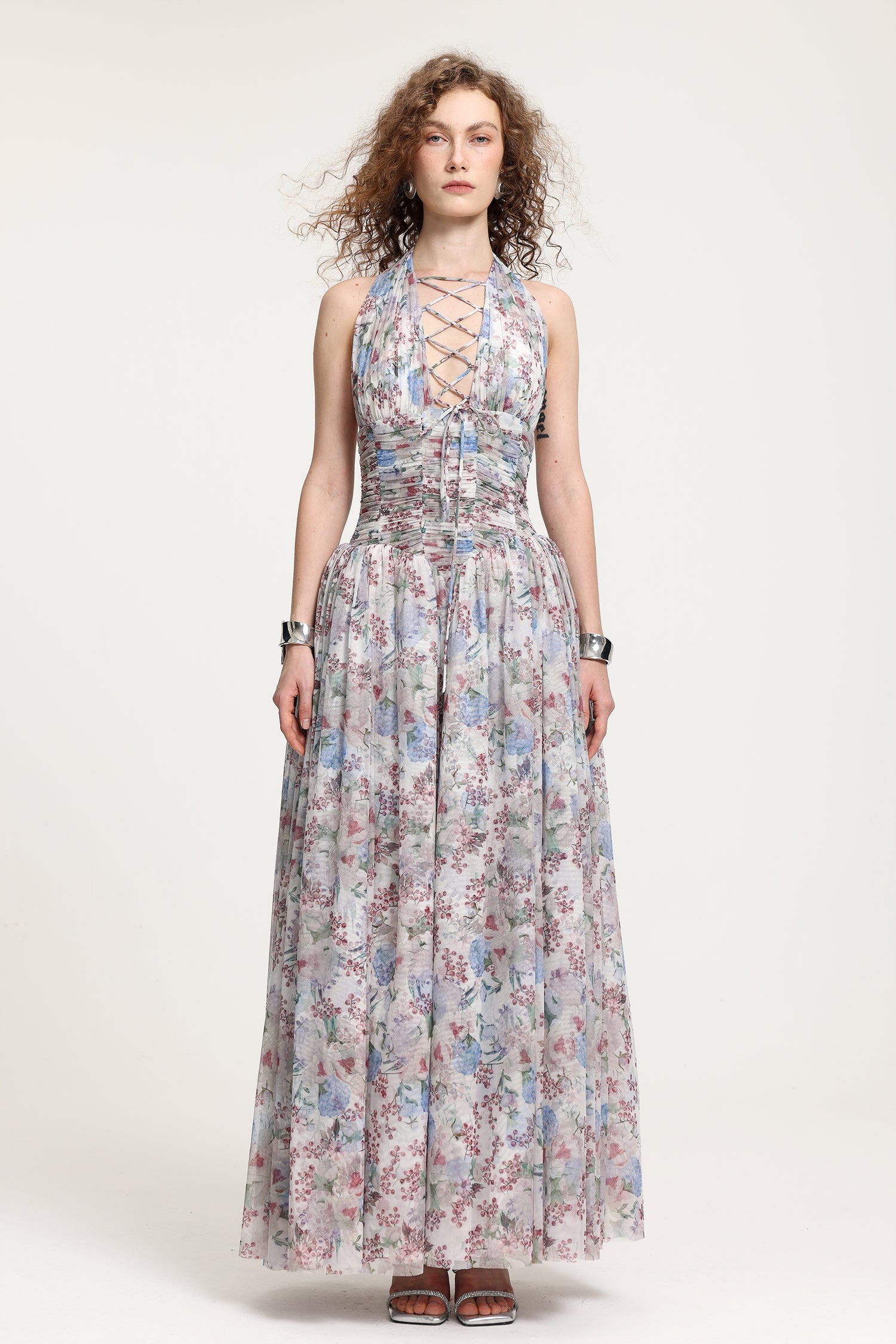 Lace-Up Halter Floral Tulle Gown	