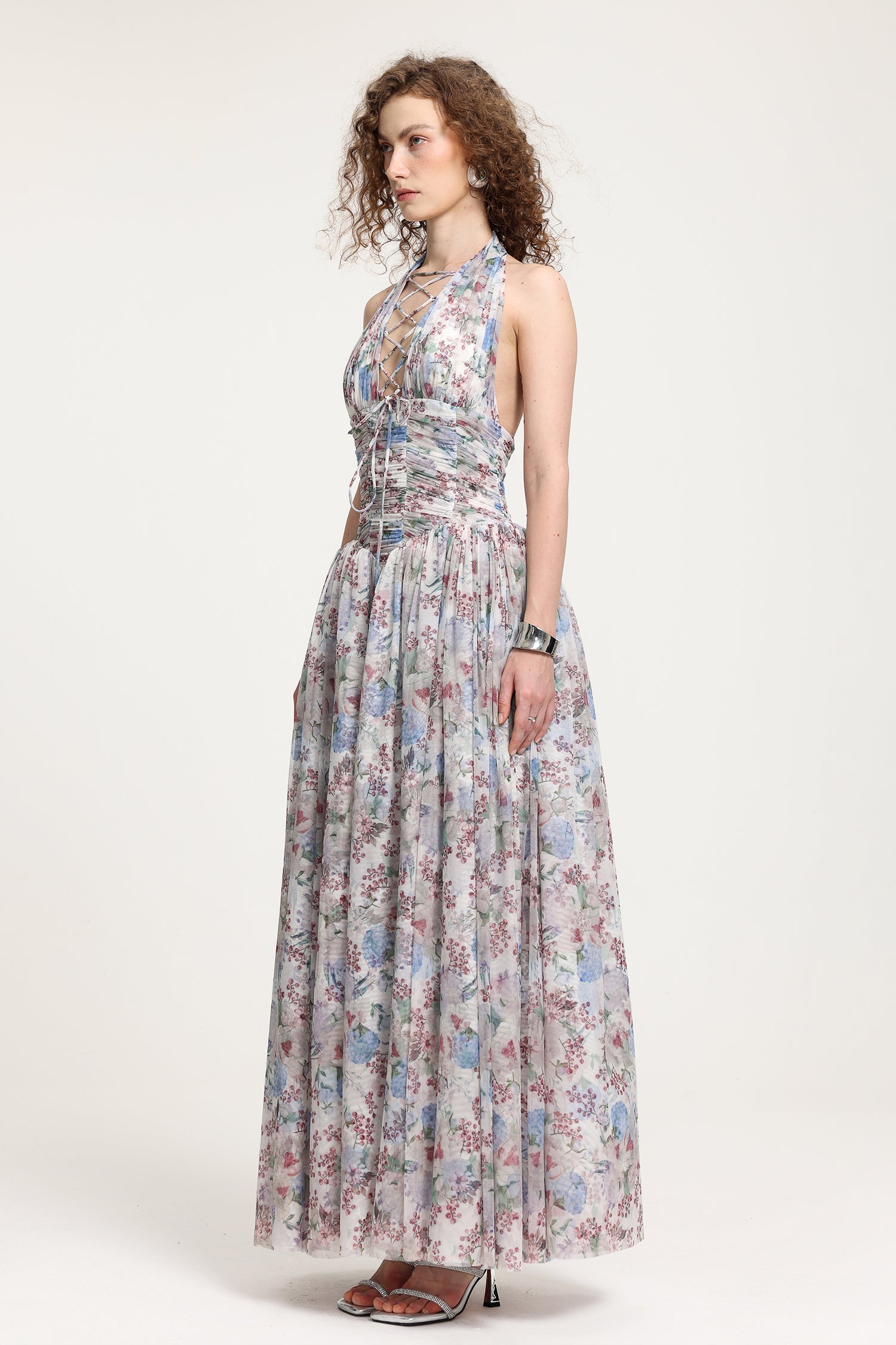 Lace-Up Halter Floral Tulle Gown	
