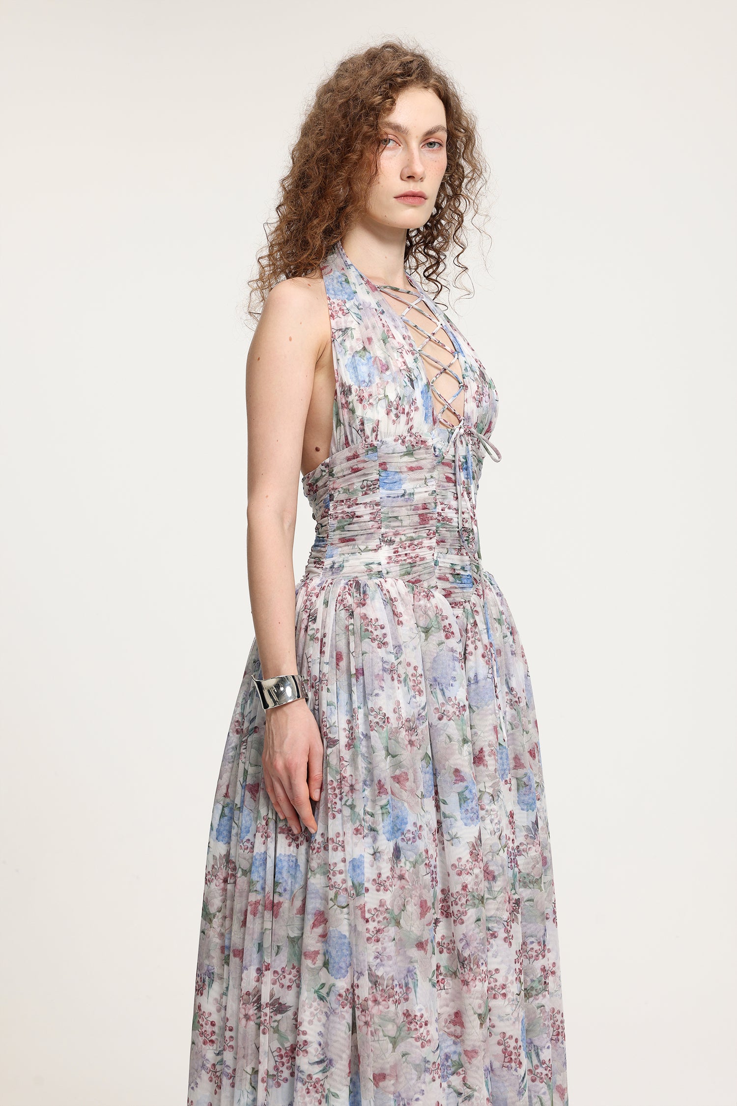 Lace-Up Halter Floral Tulle Gown	