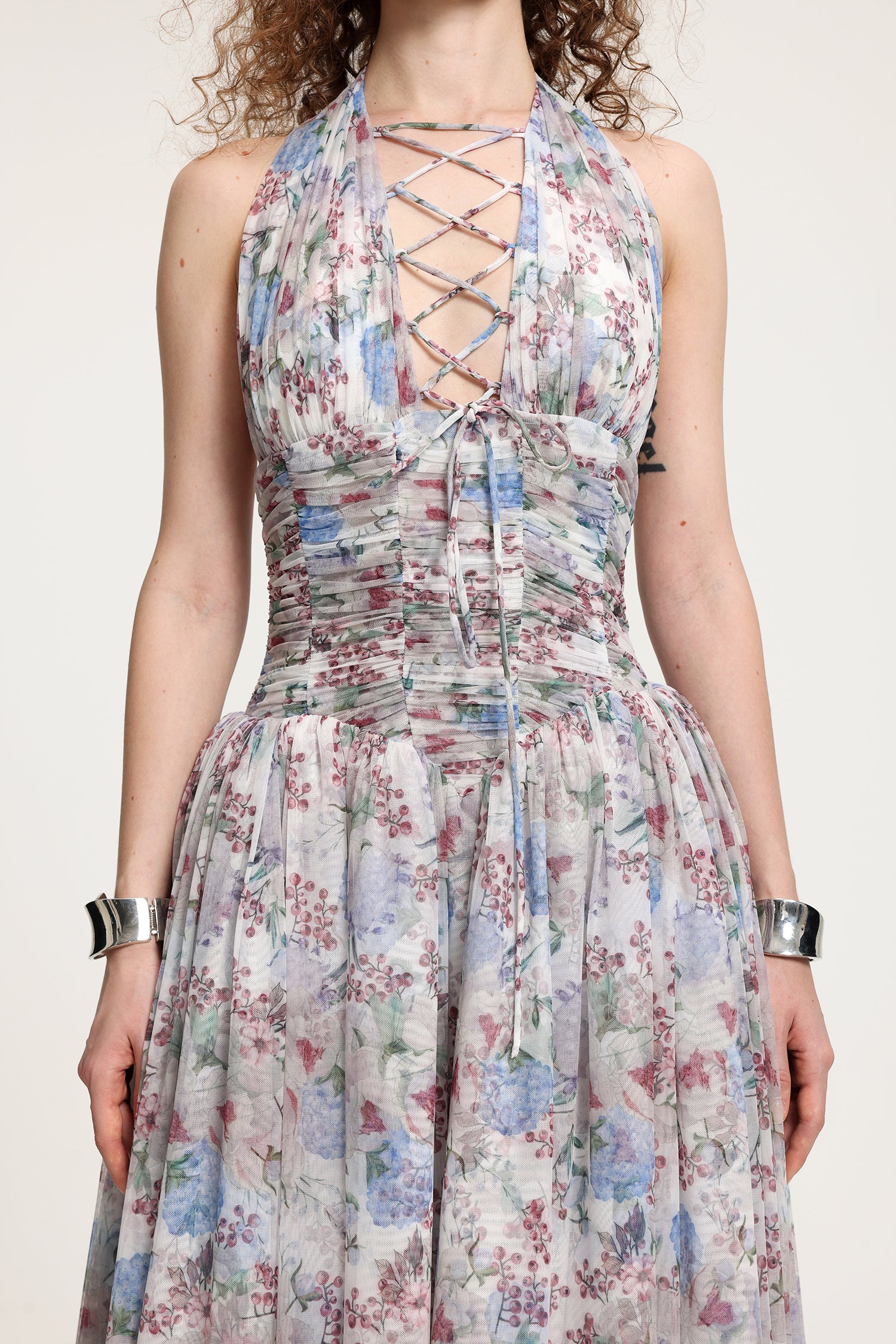 Lace-Up Halter Floral Tulle Gown	
