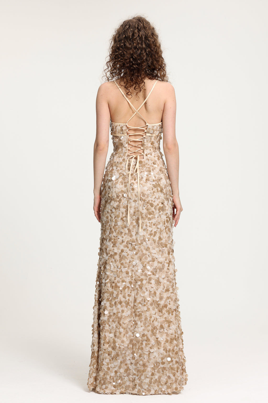 Deep V Sequin Spaghetti Strap Maxi Gown	