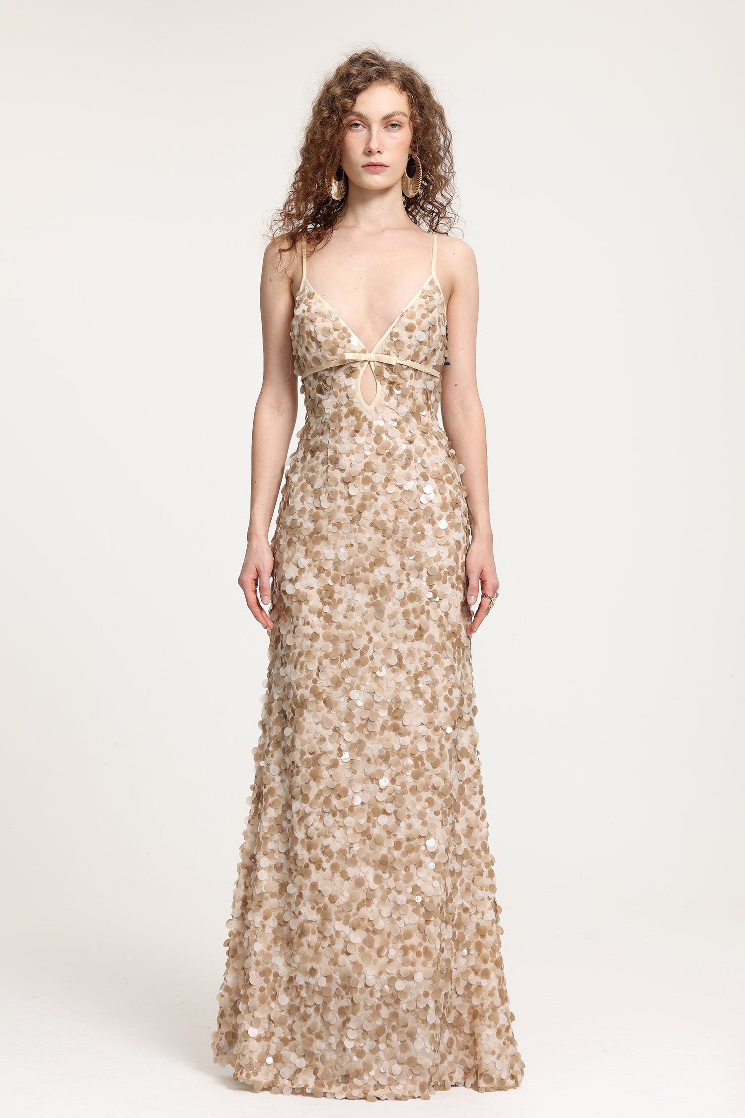Deep V Sequin Spaghetti Strap Maxi Gown	