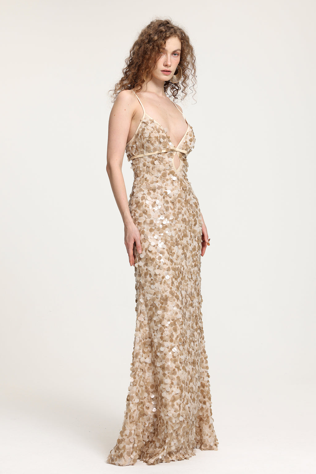 Deep V Sequin Spaghetti Strap Maxi Gown	