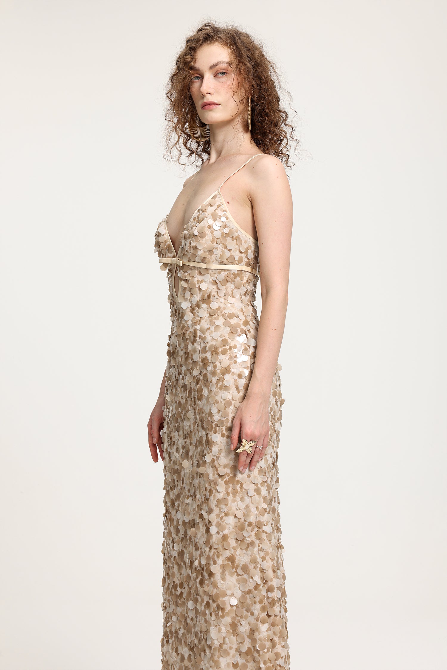 Deep V Sequin Spaghetti Strap Maxi Gown	