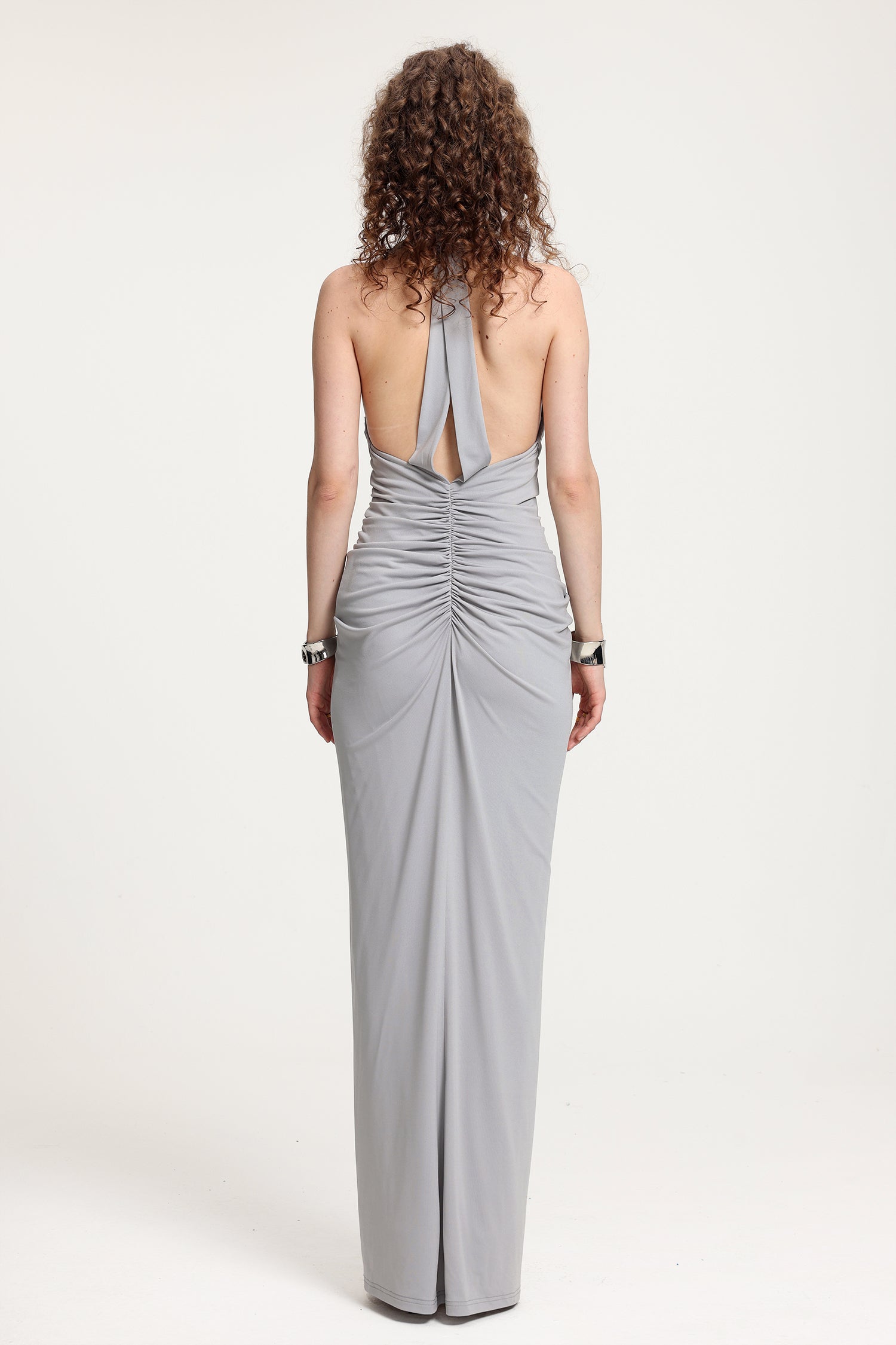 Plunge Neck Ruched Holder Maxi Dress	