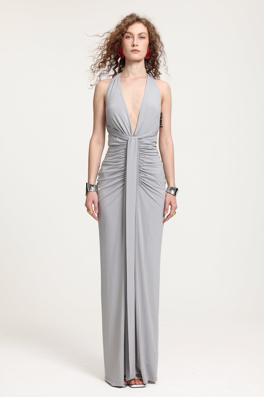 Plunge Neck Ruched Holder Maxi Dress	