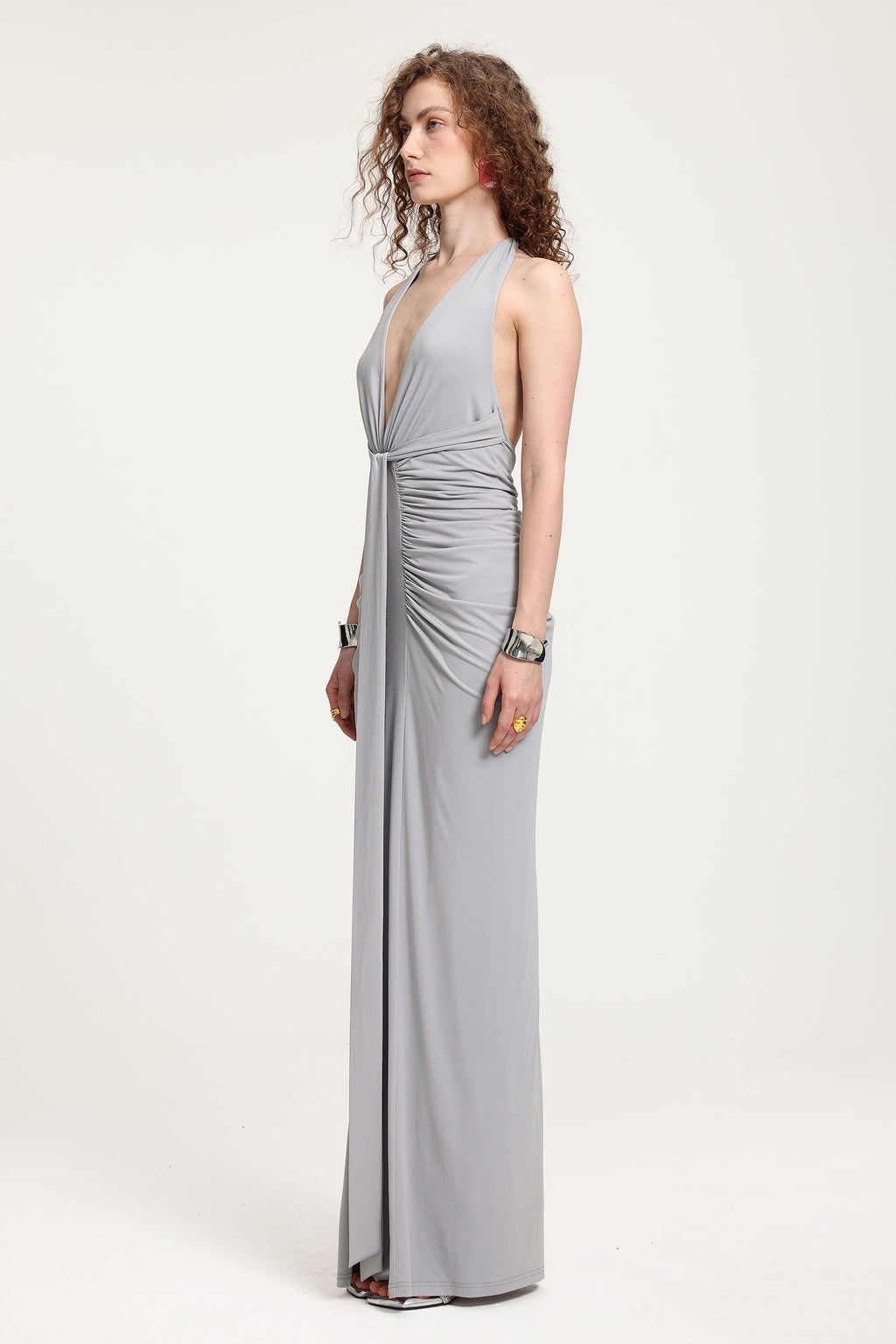 Plunge Neck Ruched Holder Maxi Dress	