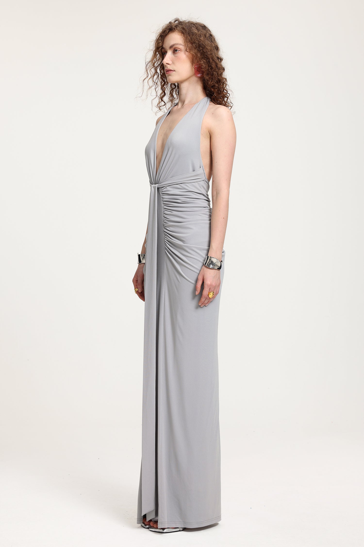 Plunge Neck Ruched Holder Maxi Dress	