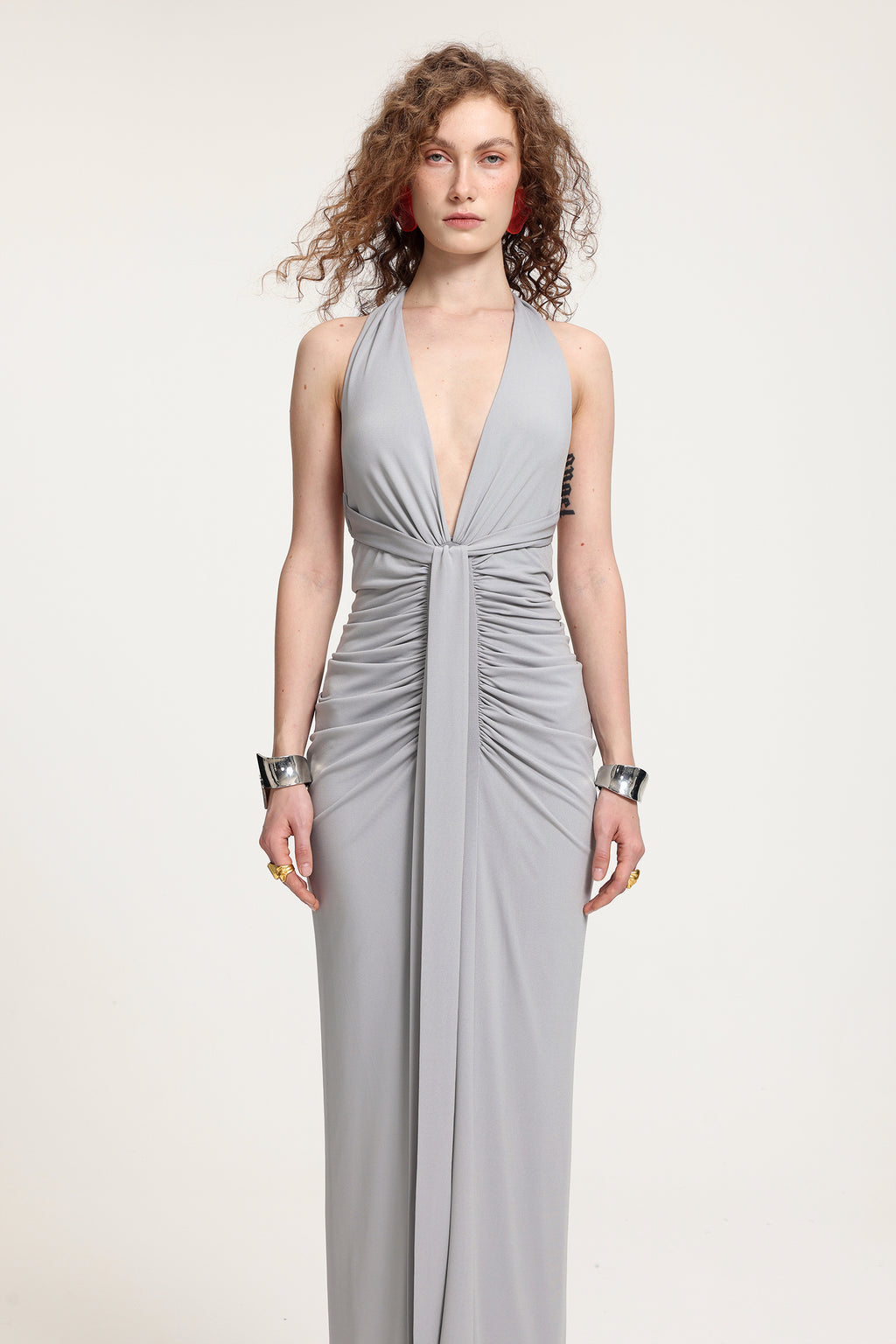 Plunge Neck Ruched Holder Maxi Dress	