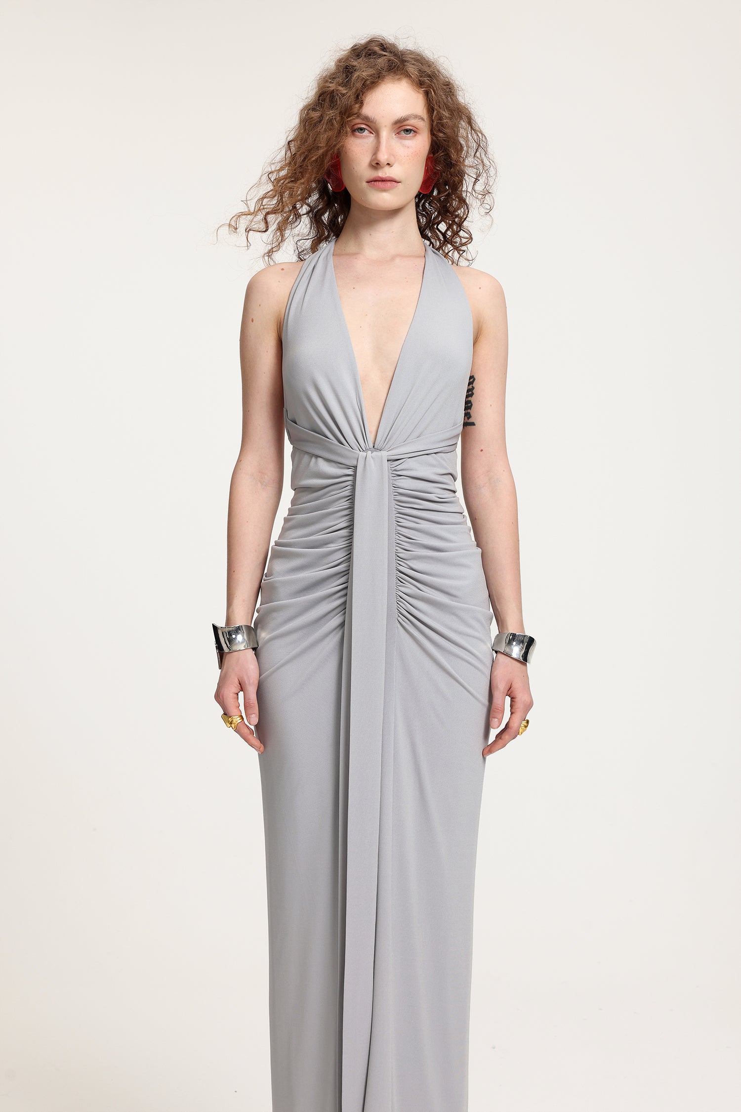 Plunge Neck Ruched Holder Maxi Dress	