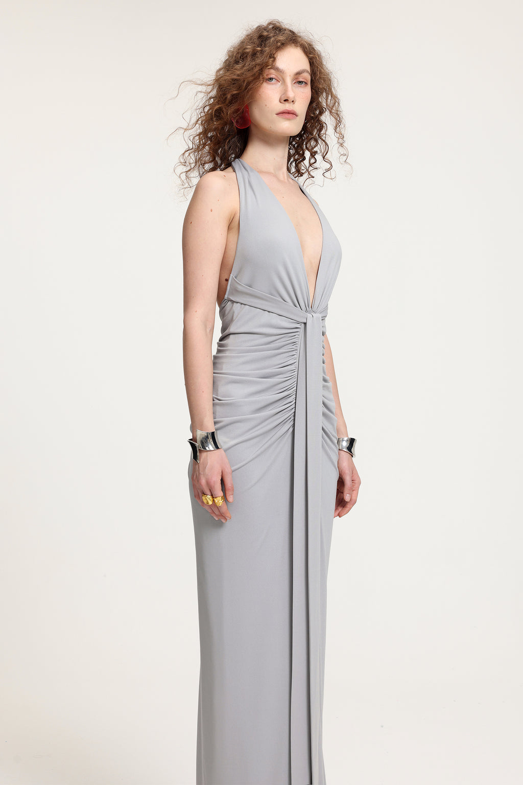 Plunge Neck Ruched Holder Maxi Dress	