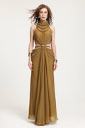 High-Neck Braided Cut-Out Draped Chiffon Maxi Dress	