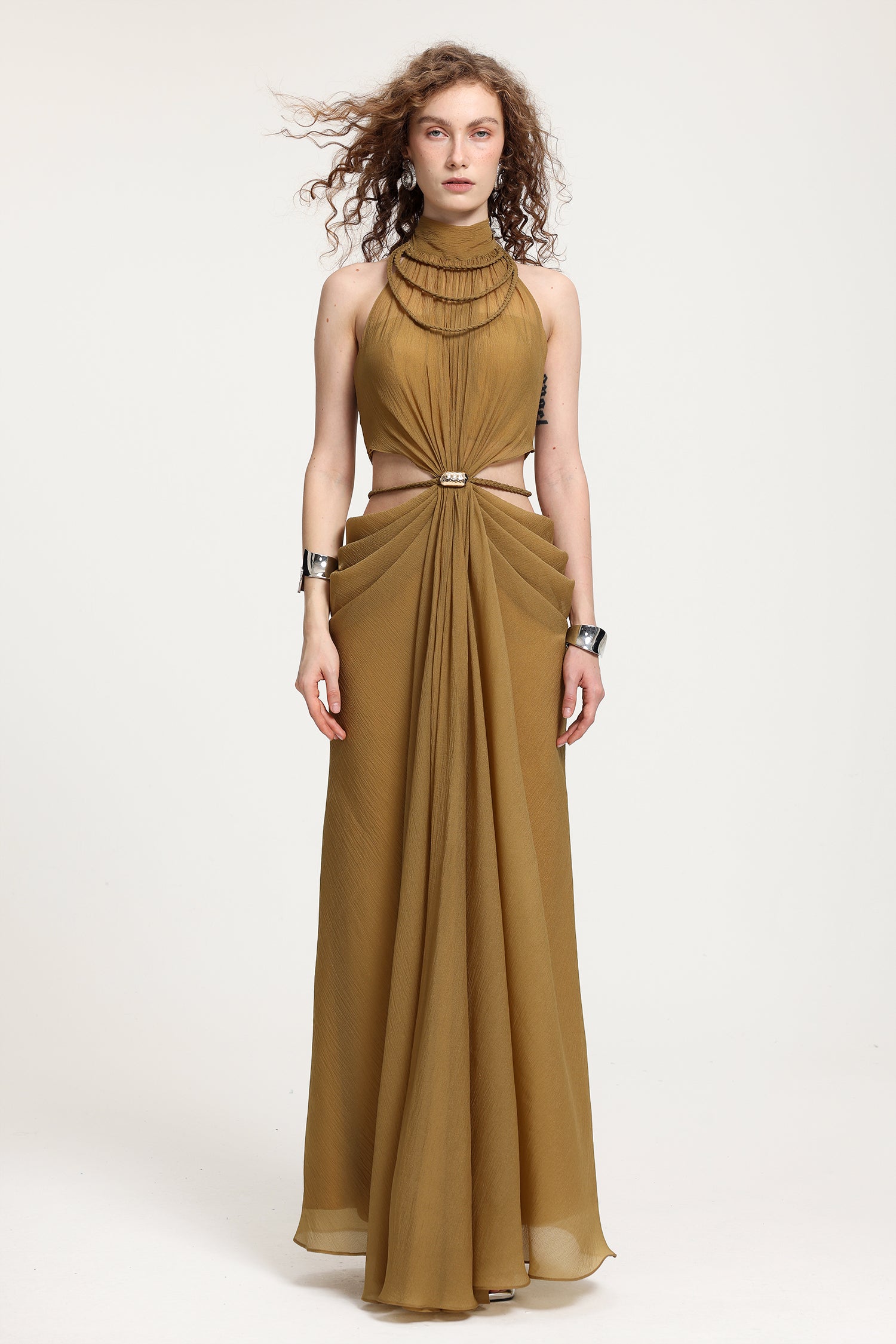 High-Neck Braided Cut-Out Draped Chiffon Maxi Dress	