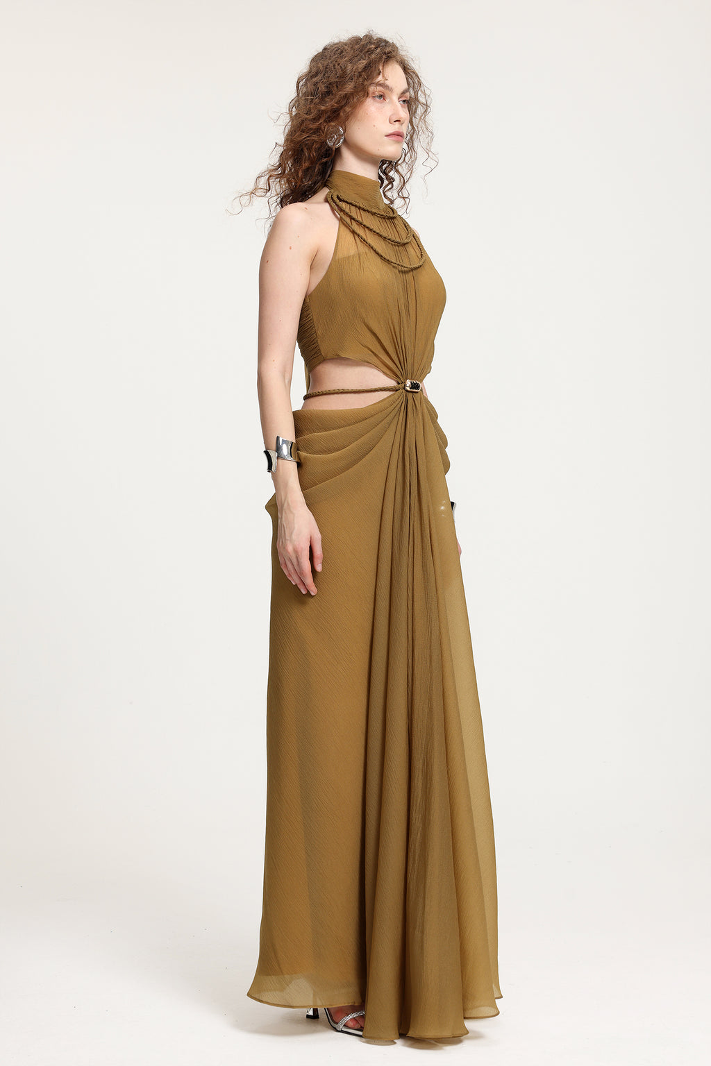 High-Neck Braided Cut-Out Draped Chiffon Maxi Dress	