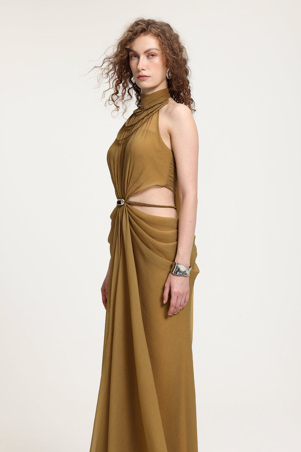 High-Neck Braided Cut-Out Draped Chiffon Maxi Dress	