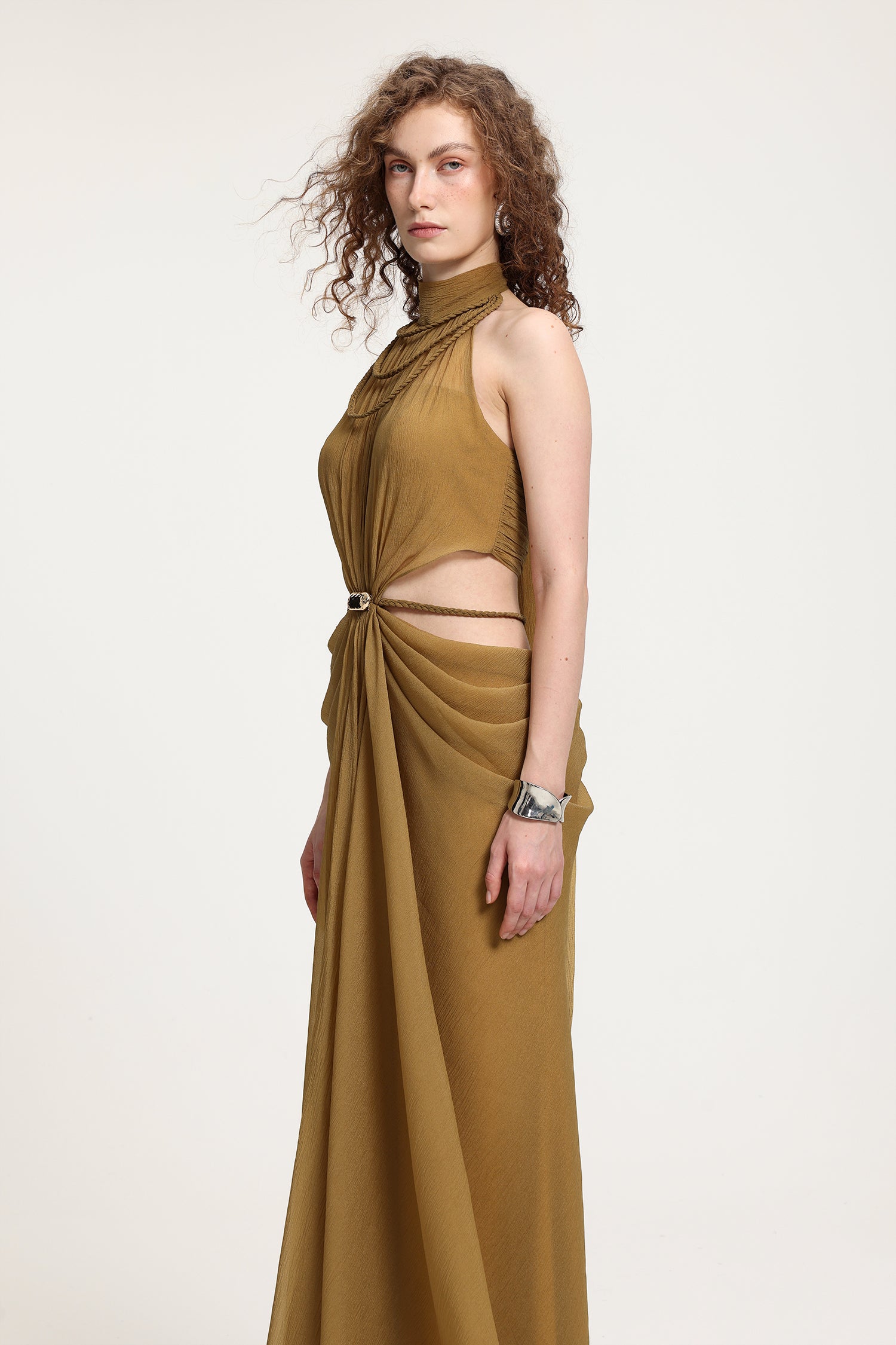 High-Neck Braided Cut-Out Draped Chiffon Maxi Dress	