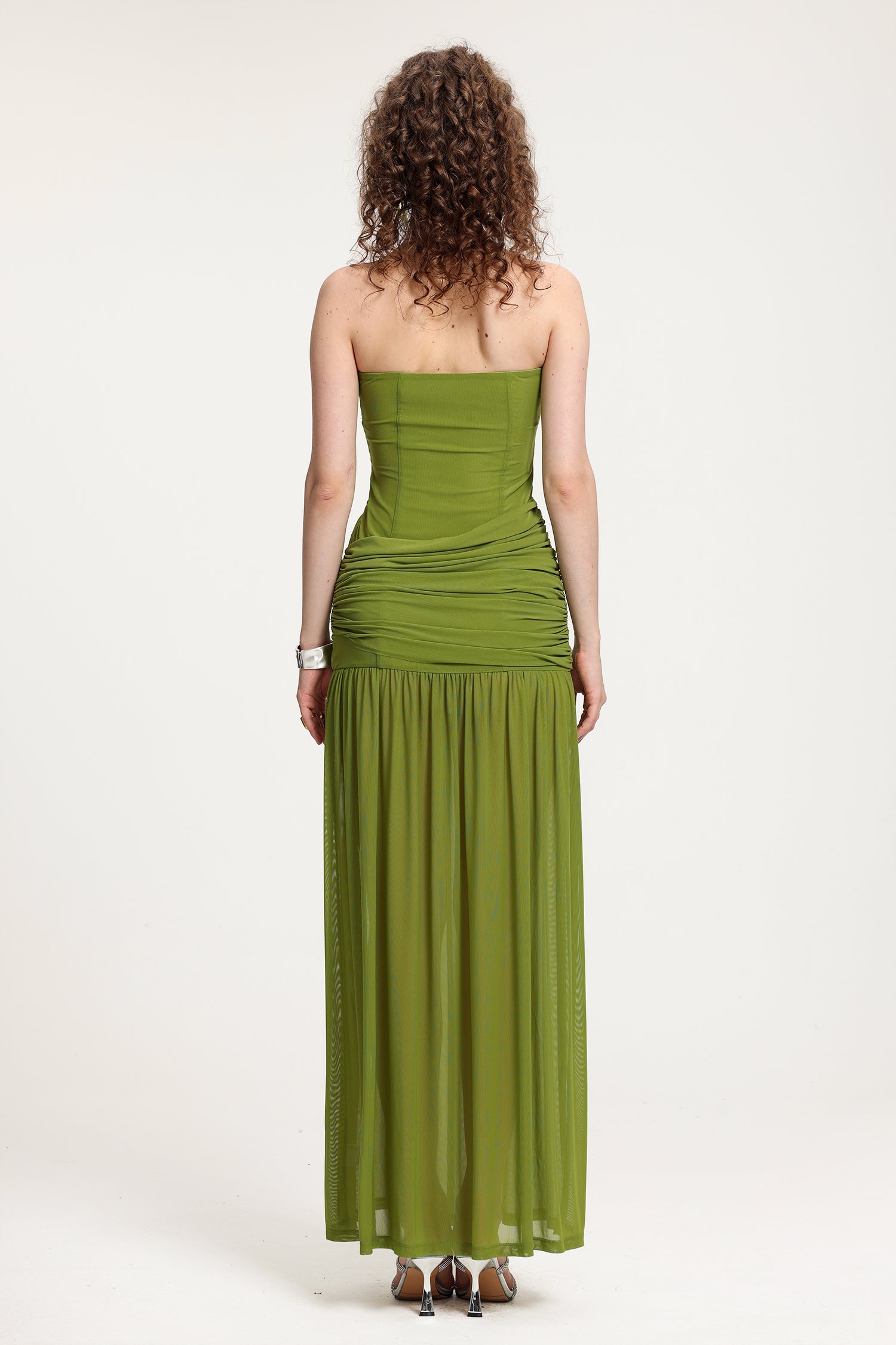 Olive Green Strapless Ruched Mesh Maxi Dress	