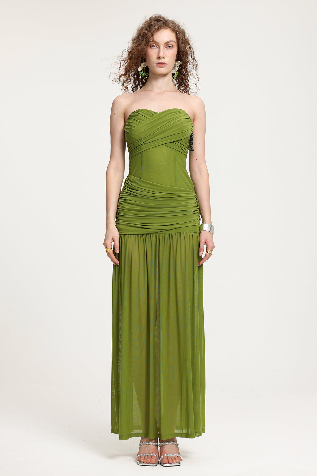 Olive Green Strapless Ruched Mesh Maxi Dress	