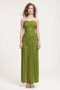 Olive Green Strapless Ruched Mesh Maxi Dress	