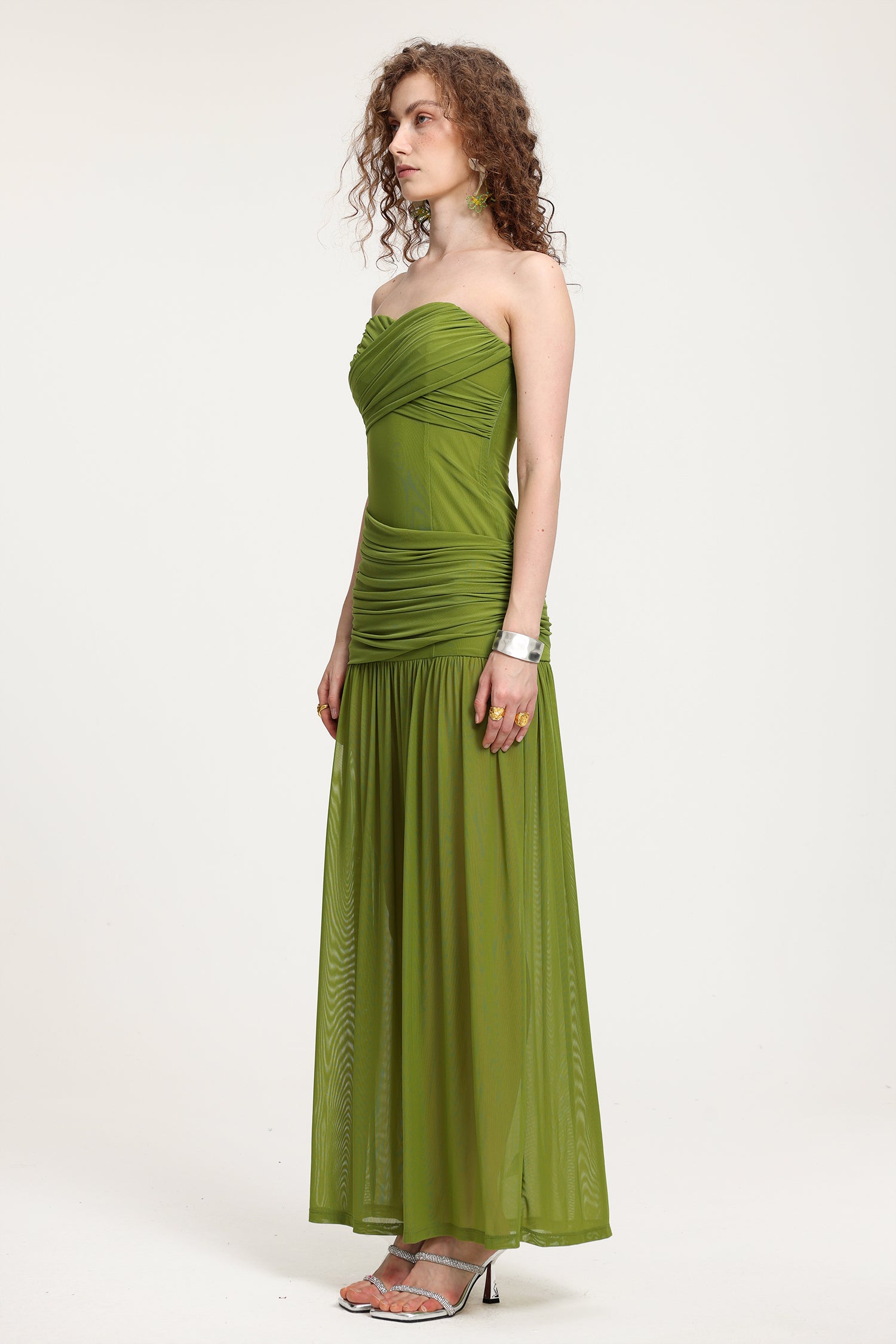 Olive Green Strapless Ruched Mesh Maxi Dress	