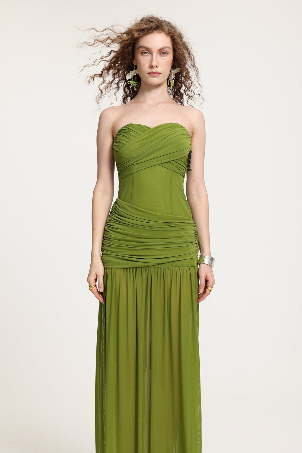 Olive Green Strapless Ruched Mesh Maxi Dress	