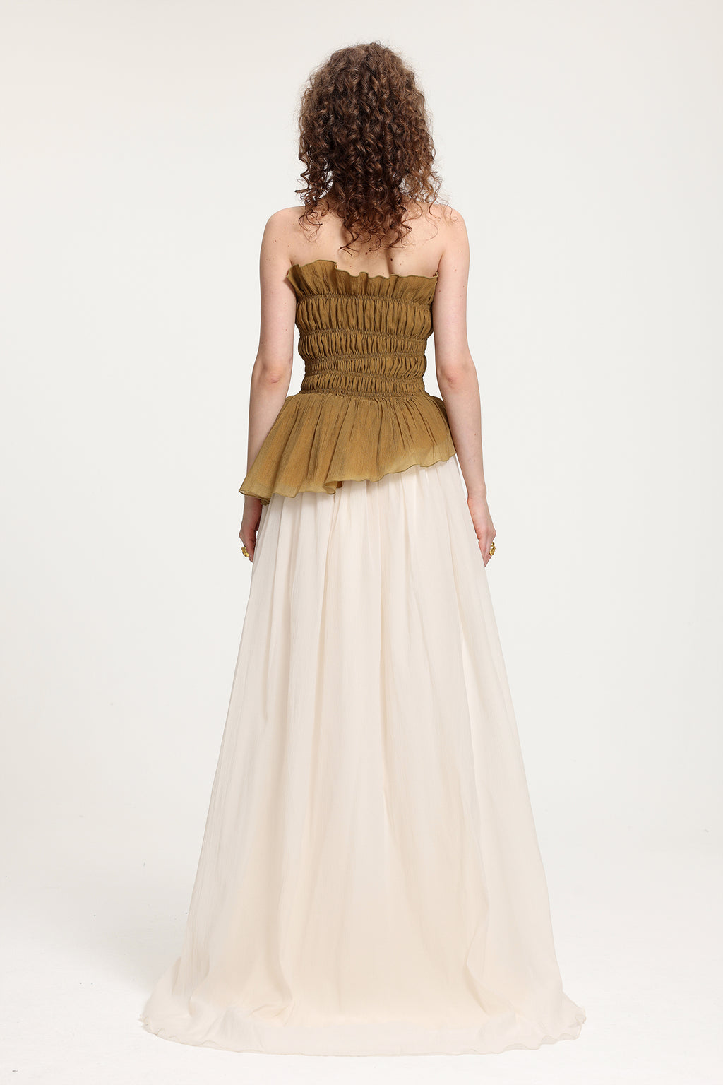 Two-Tone Strapless Smocked Peplum Maxi Dress With High Slit	