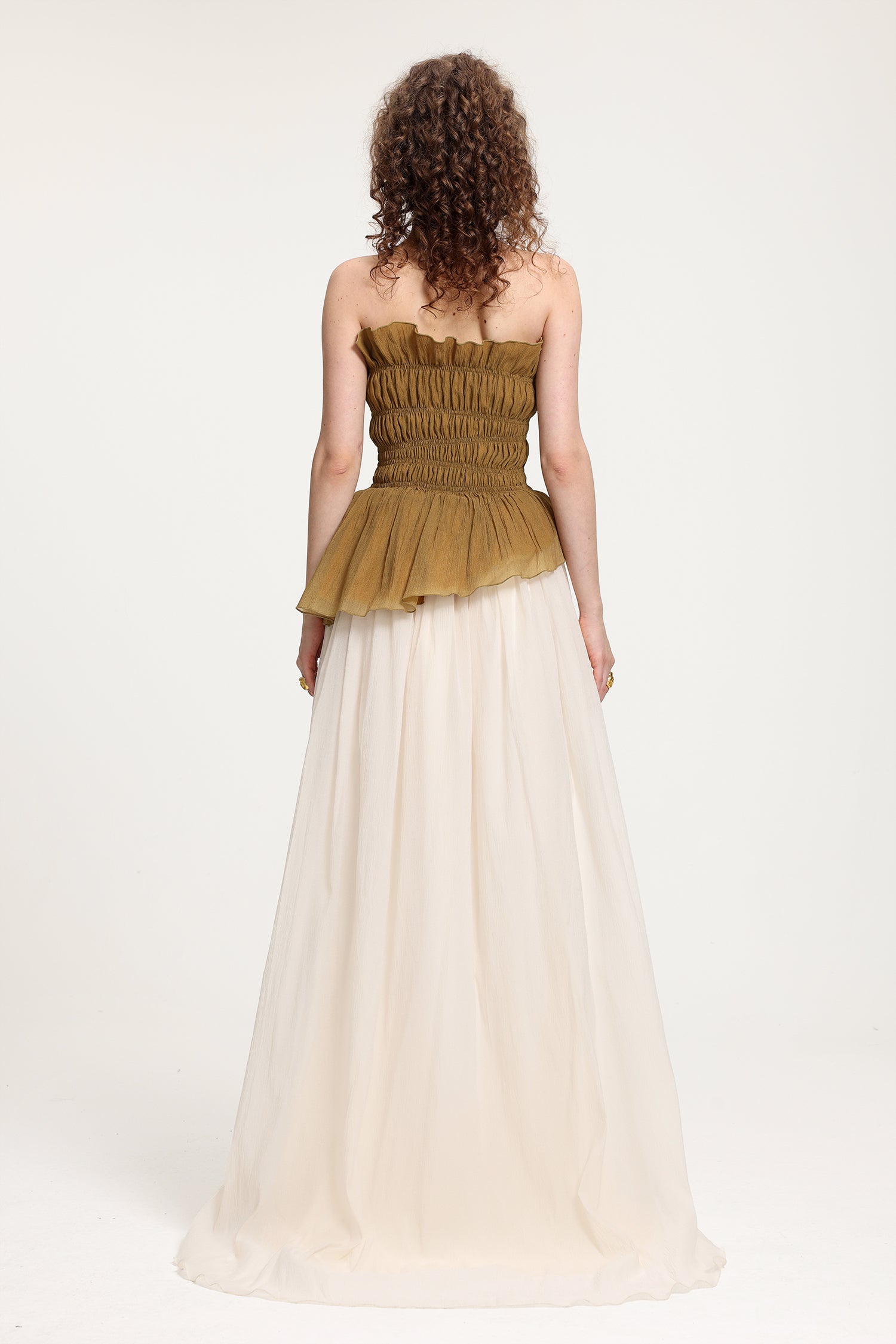 Two-Tone Strapless Smocked Peplum Maxi Dress With High Slit	