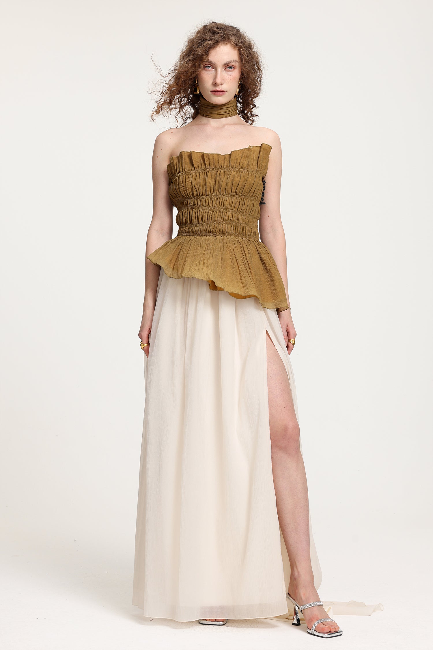 Two-Tone Strapless Smocked Peplum Maxi Dress With High Slit	