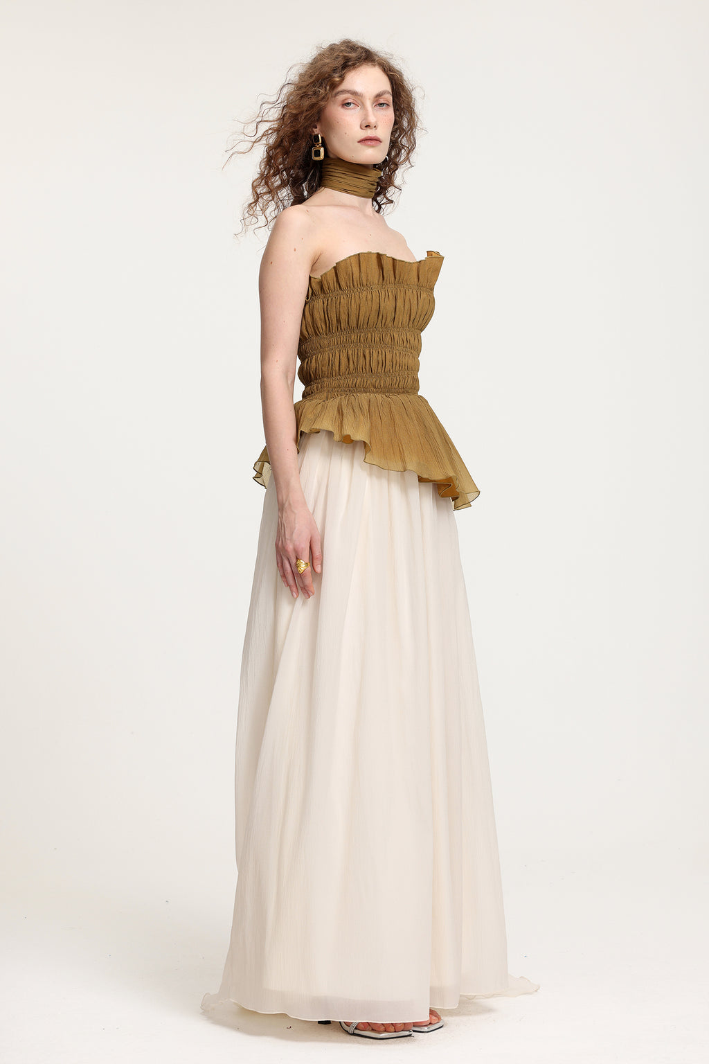 Two-Tone Strapless Smocked Peplum Maxi Dress With High Slit	