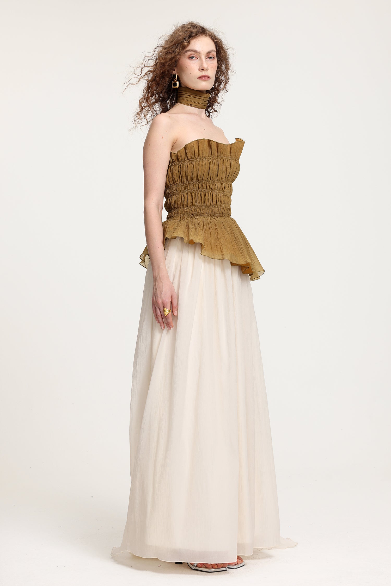 Two-Tone Strapless Smocked Peplum Maxi Dress With High Slit	