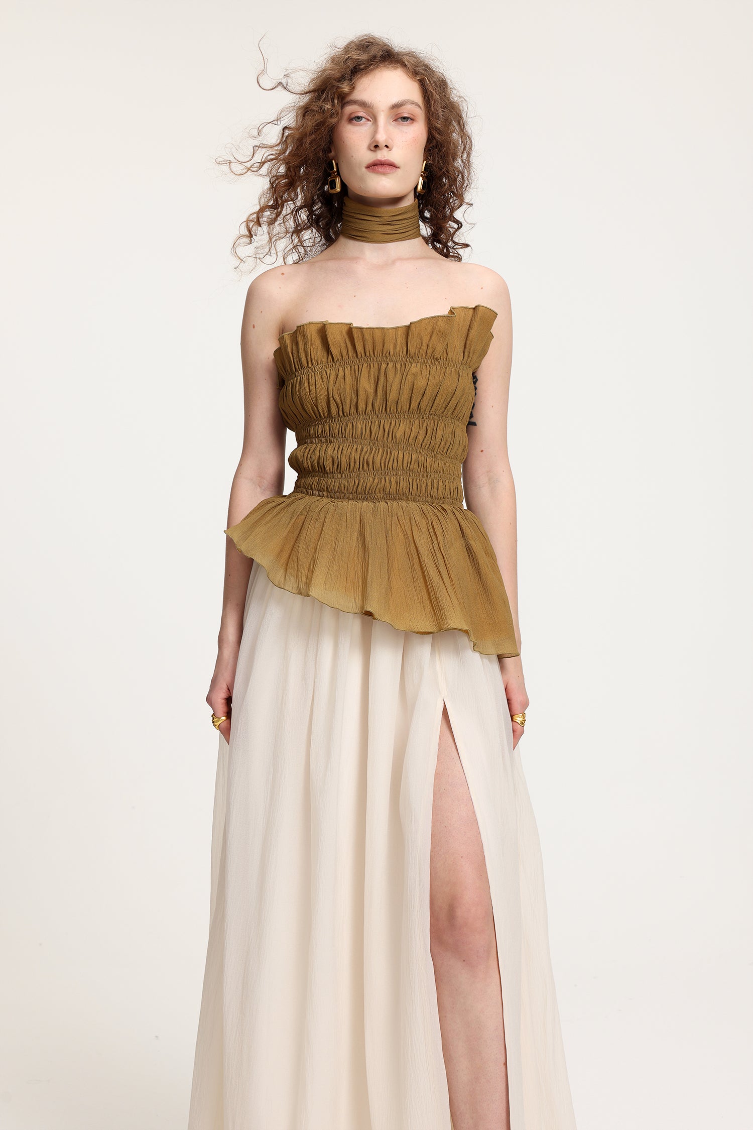 Two-Tone Strapless Smocked Peplum Maxi Dress With High Slit	