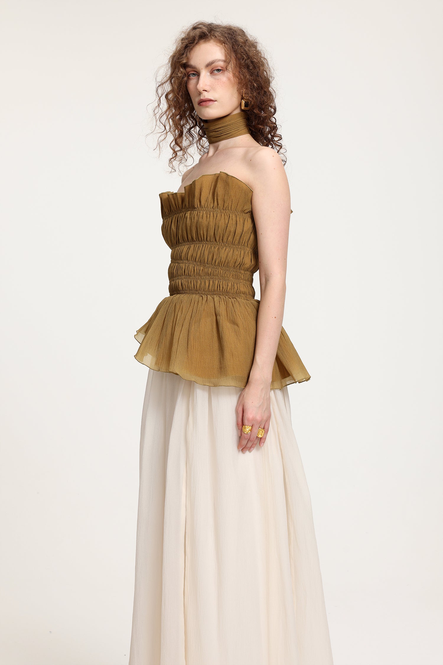 Two-Tone Strapless Smocked Peplum Maxi Dress With High Slit	