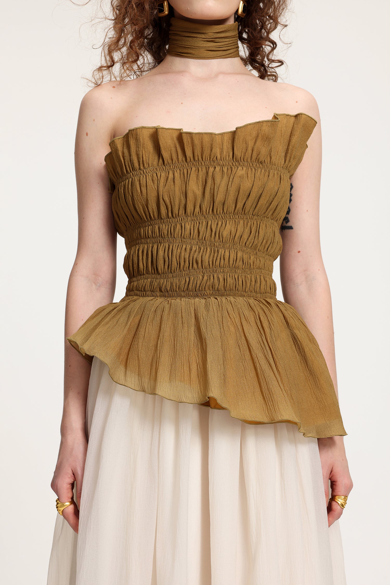 Two-Tone Strapless Smocked Peplum Maxi Dress With High Slit	