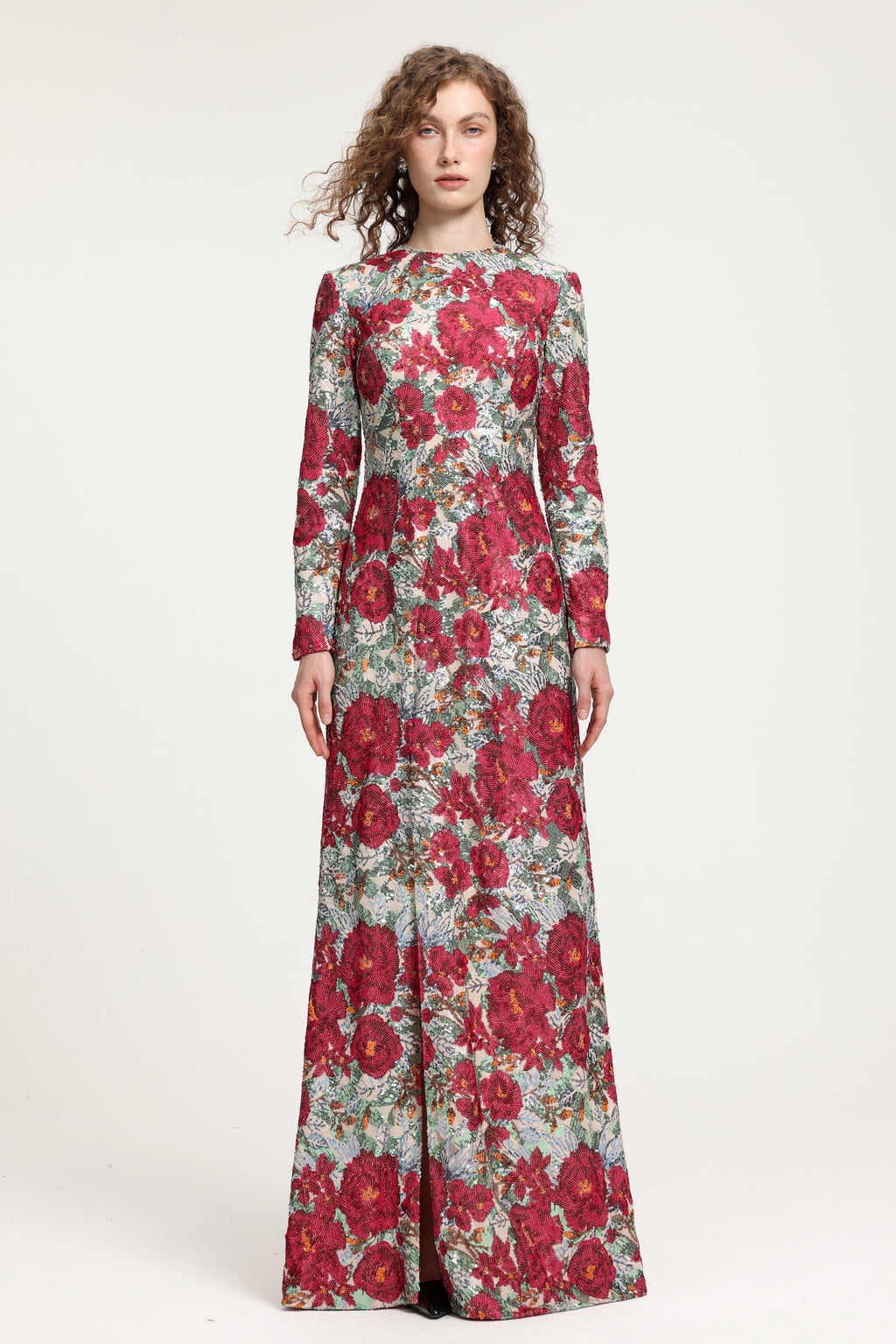 Floral-Printed Long-Sleeve Maxi Gown With High Neckline	