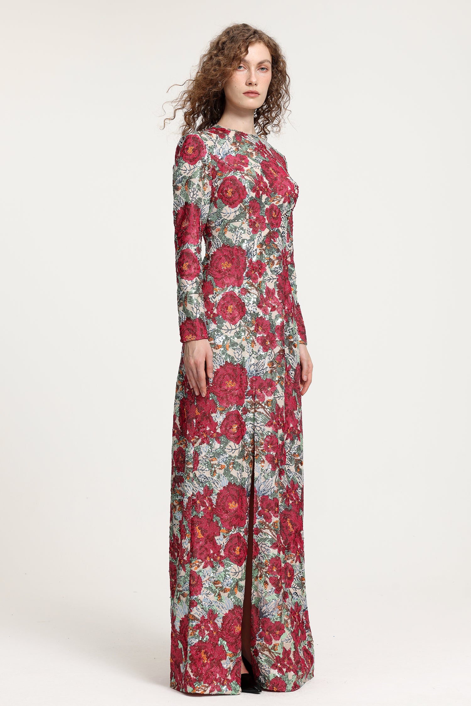 Floral-Printed Long-Sleeve Maxi Gown With High Neckline	