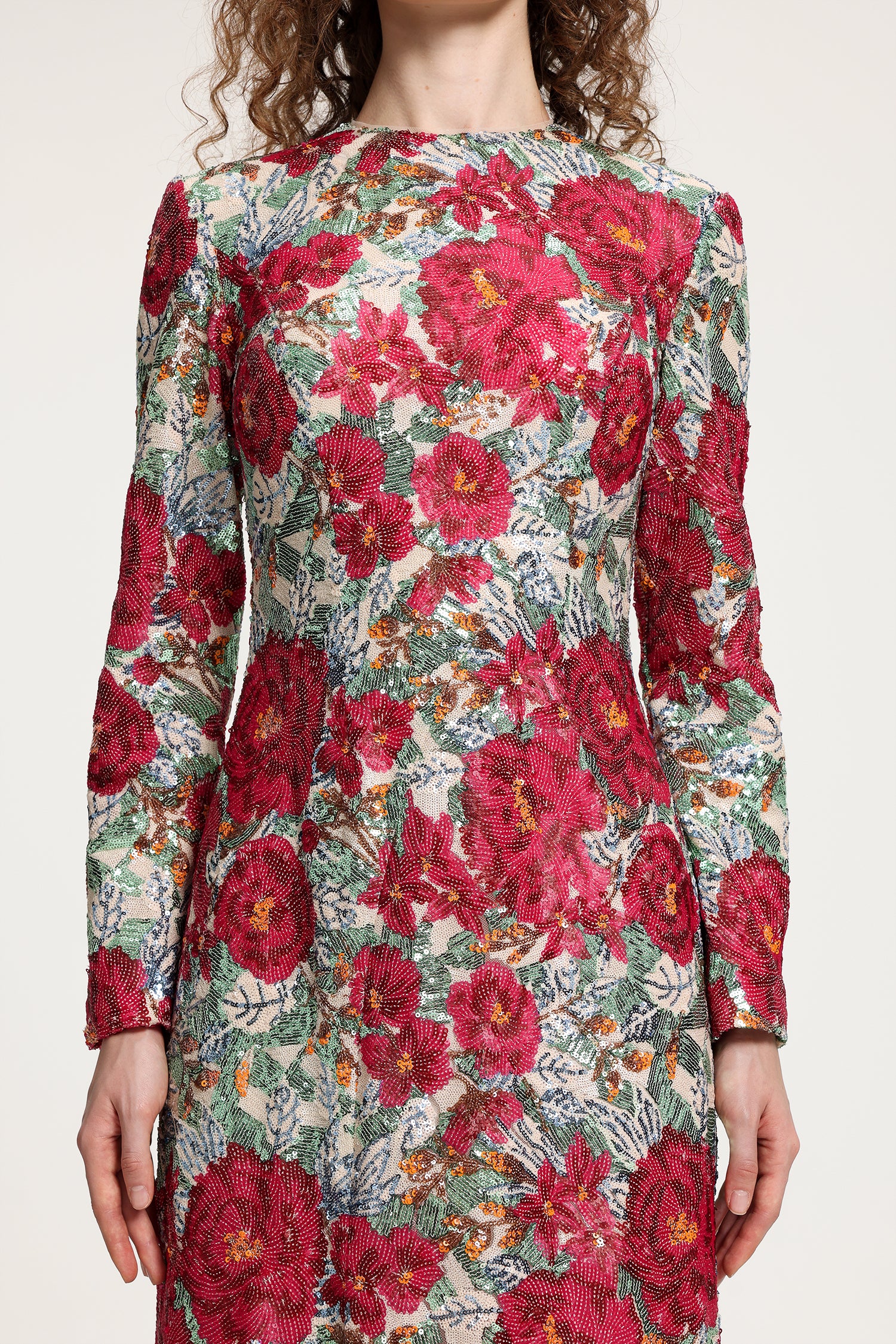 Floral-Printed Long-Sleeve Maxi Gown With High Neckline	