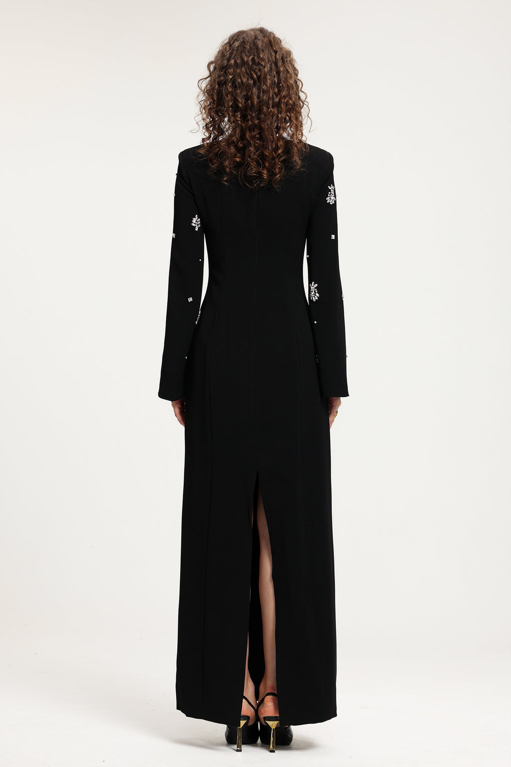 Black Rhinestone-Embellished Long-Sleeve Floor-Length Gown	