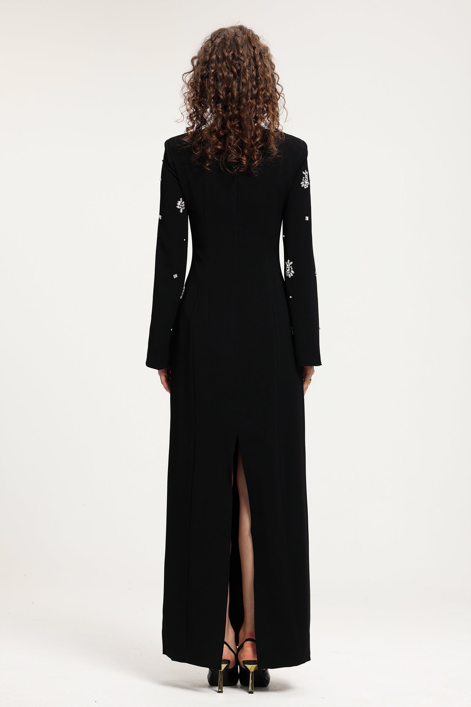 Black Rhinestone-Embellished Long-Sleeve Floor-Length Gown	