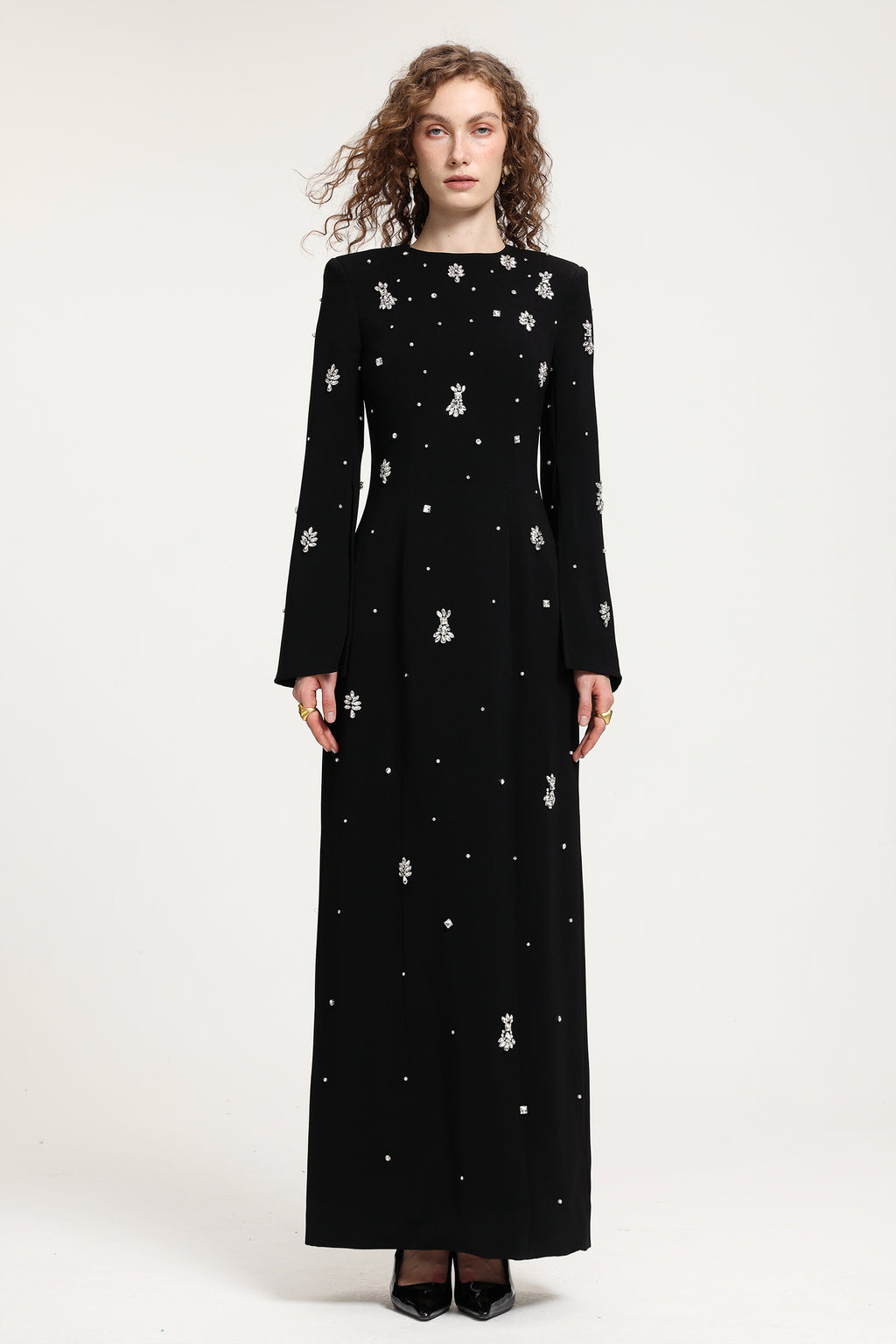 Black Rhinestone-Embellished Long-Sleeve Floor-Length Gown	