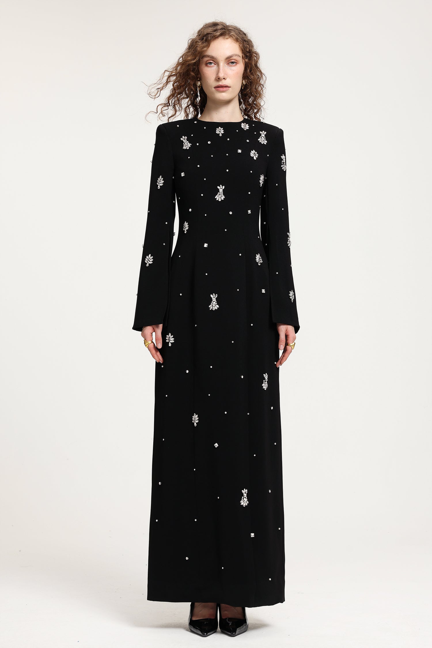 Black Rhinestone-Embellished Long-Sleeve Floor-Length Gown	