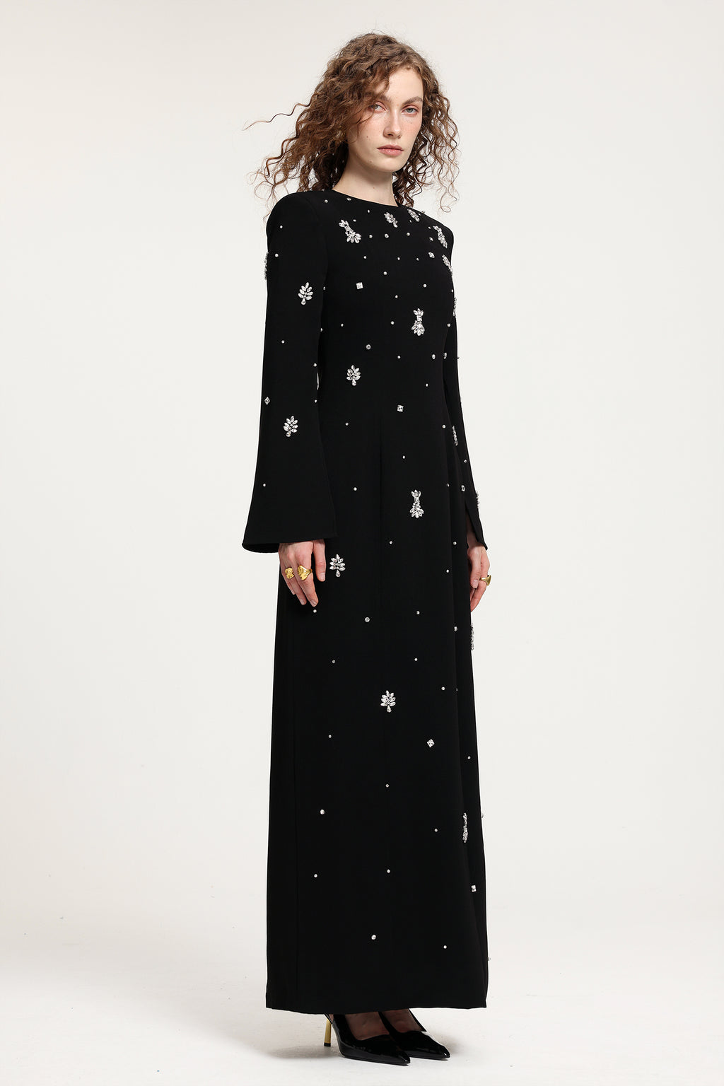 Black Rhinestone-Embellished Long-Sleeve Floor-Length Gown	